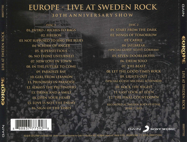 EUROPE - Live At Sweden Rock 30th Anniversary Show 2CD (2013) back cover