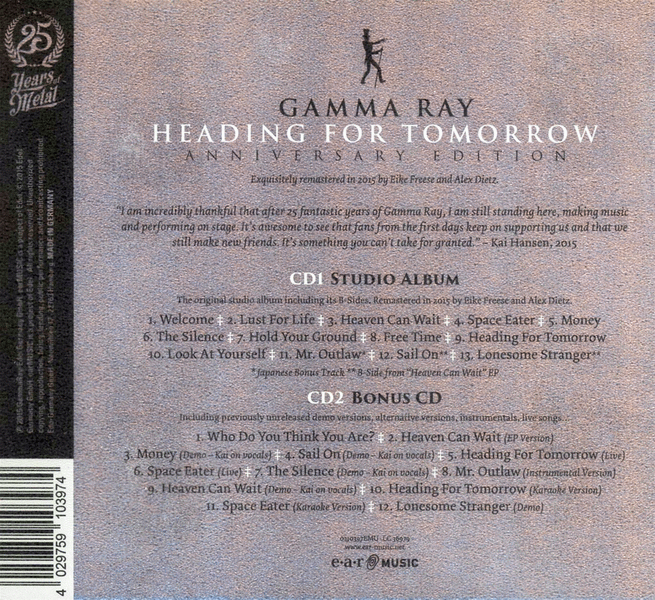 GAMMA RAY - Heading For Tomorrow [Remastered & Expanded 2 CD] (2015) back