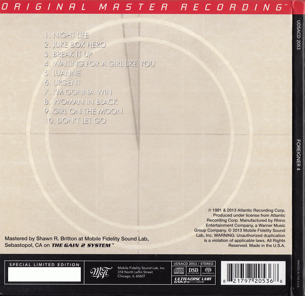 FOREIGNER - 4 [Limited Edition MFSL - SACD] (2013) box back cover