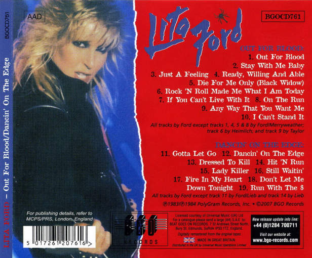 LITA FORD - Out For Blood + Dancin' On The Edge [2-in-1 BGO Records digitally remastered] back