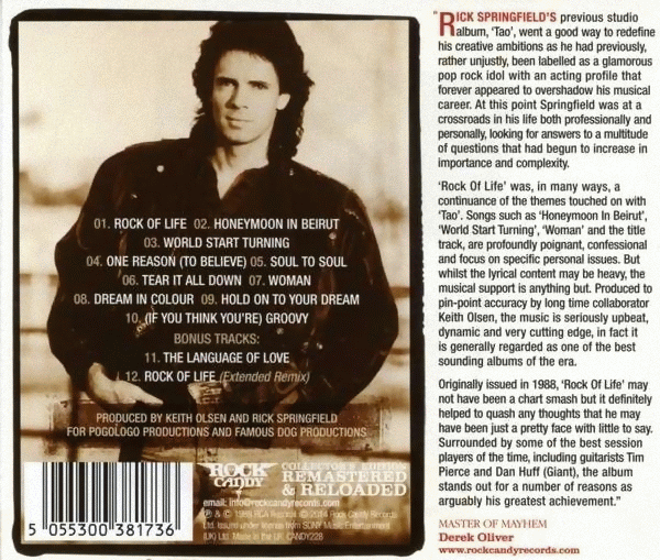 RICK SPRINGFIELD - Rock Of Life [Rock Candy remaster] back cover