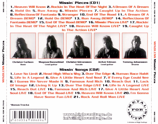 MINDLESS - Missin' Pieces / Missing Songs '87-'90 [2-CD release] back